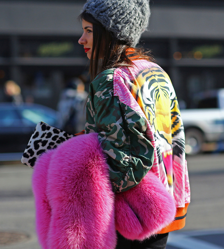 natasha-goldenberg-tiger-bomber-jacket-pink-fur-new-york-fashion-week-streetstyle-fall-2013