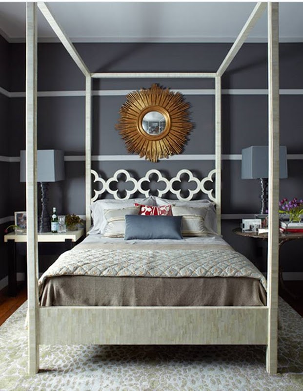thom-filiicia-dark-grey-room-striped-walls-canopy-bed-quatrefoil-clover-design-white