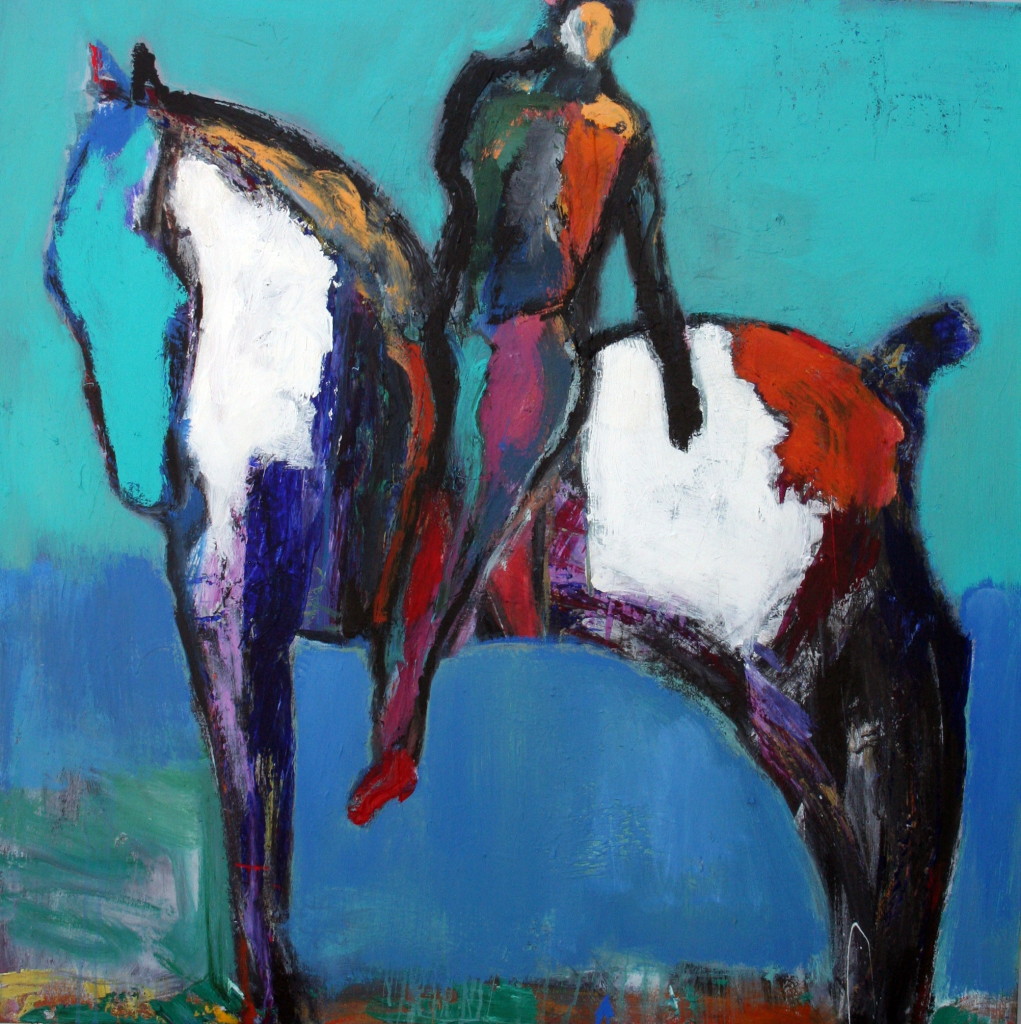 Horse and Rider in Blue Field 40X40 acrylic canvas