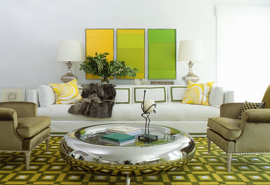 pamplemousse-living-room-green-yellow-round-silver-donut-coffee-table-white-sofa-color-block